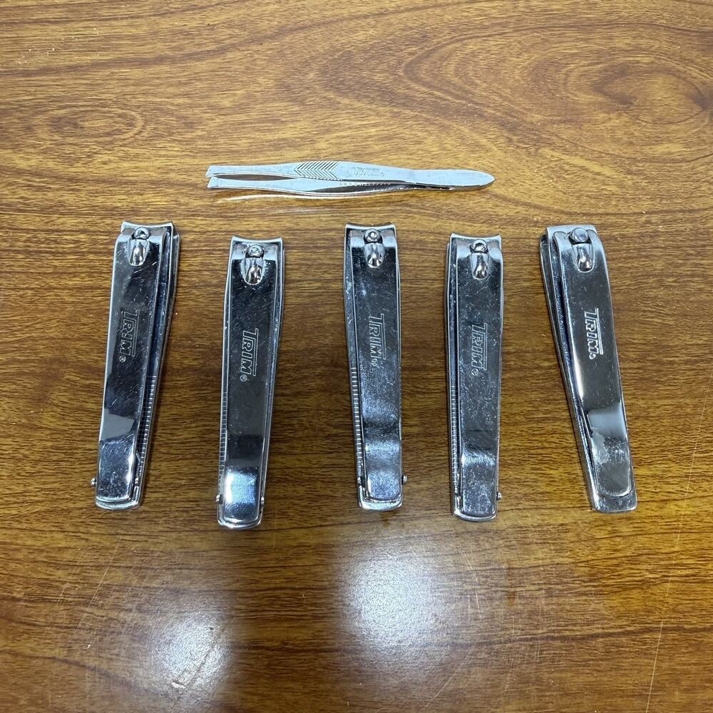 Lot of 5 Trim Stainless Steel Clippers for Thick Nails or Toes & 1 Tweezer